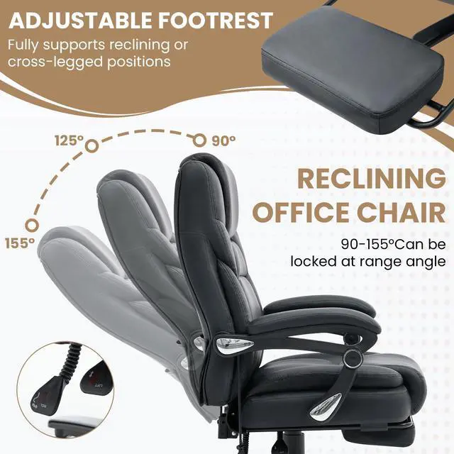 Alt view image 7 of 7 - 650lbs Big and Tall Office Chair for Heavy People,Ergonomic High Back PU Leather Computer Chair with Adjustable Lumbar Support,Reclining Executive Office Desk Chair with Foot Rest,Black