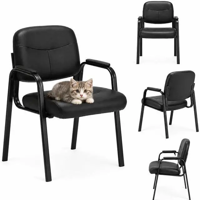 Main image of Waiting Room Chairs, PU Leather Padded Arms, Set of 4 | Office reception, conference rooms, clinics, metal frame, no wheels, thick padded seats, ergonomic backrests, home study