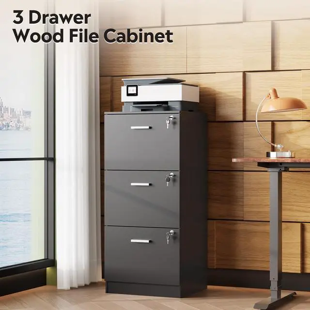 Alt view image 3 of 7 - 3 Drawer Wood File Cabinet with Lock for Letter and A4 Size | Wooden Vertical Filing Cabinet, Home Office Filing Organizer, Printer Stand, Black