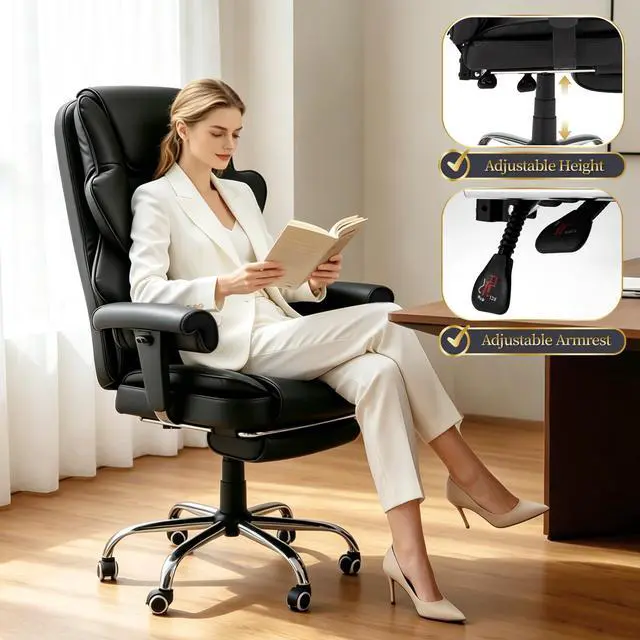 Alt view image 2 of 7 - Heated Recliner Office Chair with Massager, Footrest, Height Adjustable Arm | 155° Reclining Big and Tall Executive Chair, 6-Point Vibration, PU Leather Ergonomic Computer Desk Chair for Home Office