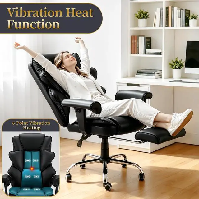 Alt view image 3 of 7 - Heated Recliner Office Chair with Massager, Footrest, Height Adjustable Arm | 155° Reclining Big and Tall Executive Chair, 6-Point Vibration, PU Leather Ergonomic Computer Desk Chair for Home Office