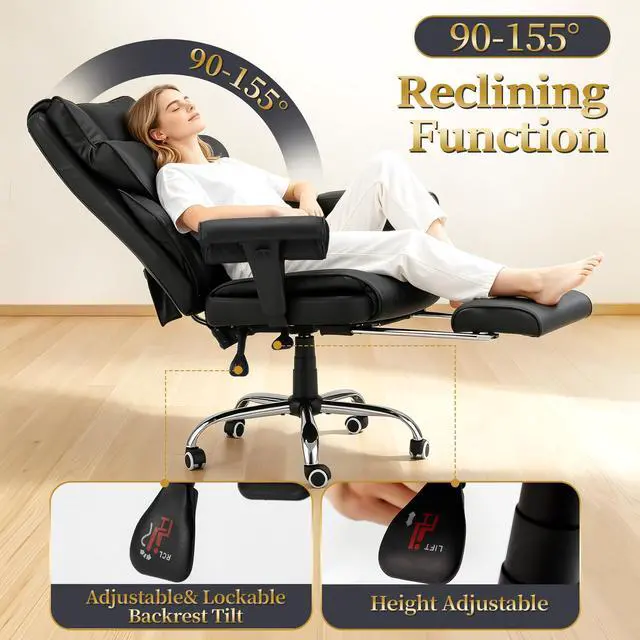 Alt view image 5 of 7 - Heated Recliner Office Chair with Massager, Footrest, Height Adjustable Arm | 155° Reclining Big and Tall Executive Chair, 6-Point Vibration, PU Leather Ergonomic Computer Desk Chair for Home Office