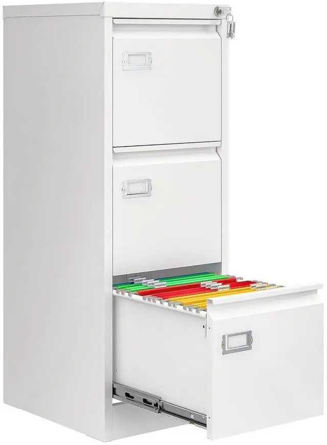 Main image of 3 Drawer File Cabinet with Lock, Metal Filing Cabinets for Home Office, Vertical White Locking File Caninet, Steel Narrow Three Drawer File Cabnet for Letter/Legal / A4 / B4- Assembly Required