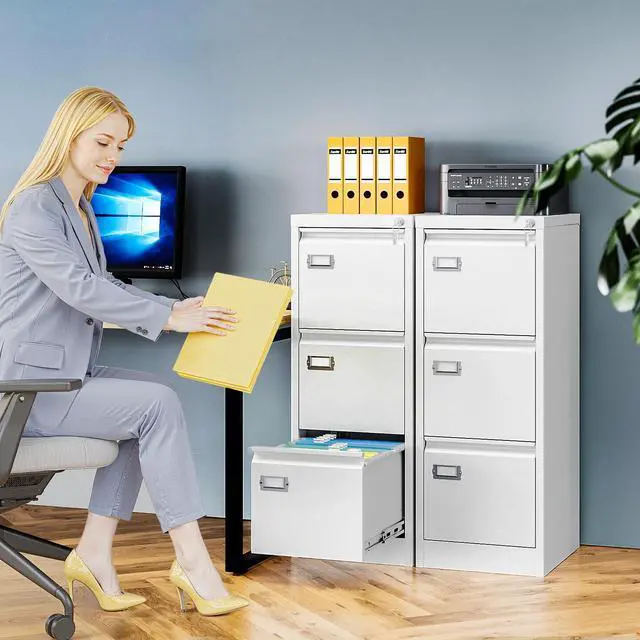 Alt view image 2 of 7 - 3 Drawer File Cabinet with Lock, Metal Filing Cabinets for Home Office, Vertical White Locking File Caninet, Steel Narrow Three Drawer File Cabnet for Letter/Legal / A4 / B4- Assembly Required
