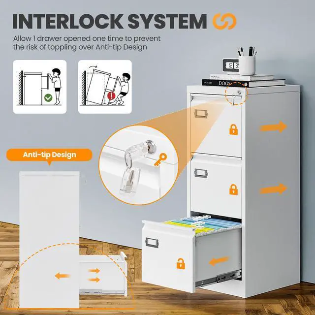 Alt view image 4 of 7 - 3 Drawer File Cabinet with Lock, Metal Filing Cabinets for Home Office, Vertical White Locking File Caninet, Steel Narrow Three Drawer File Cabnet for Letter/Legal / A4 / B4- Assembly Required