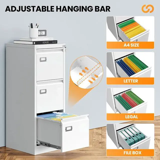 Alt view image 5 of 7 - 3 Drawer File Cabinet with Lock, Metal Filing Cabinets for Home Office, Vertical White Locking File Caninet, Steel Narrow Three Drawer File Cabnet for Letter/Legal / A4 / B4- Assembly Required