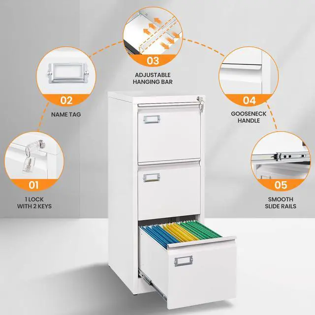 Alt view image 6 of 7 - 3 Drawer File Cabinet with Lock, Metal Filing Cabinets for Home Office, Vertical White Locking File Caninet, Steel Narrow Three Drawer File Cabnet for Letter/Legal / A4 / B4- Assembly Required