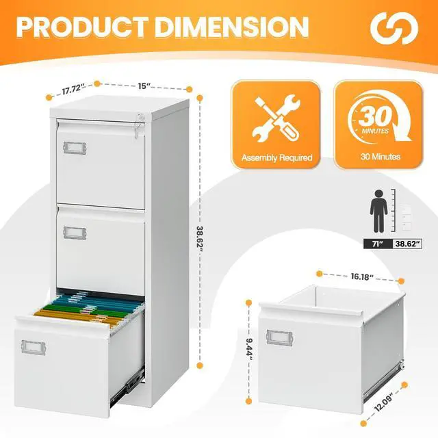 Alt view image 3 of 7 - 3 Drawer File Cabinet with Lock, Metal Filing Cabinets for Home Office, Vertical White Locking File Caninet, Steel Narrow Three Drawer File Cabnet for Letter/Legal / A4 / B4- Assembly Required