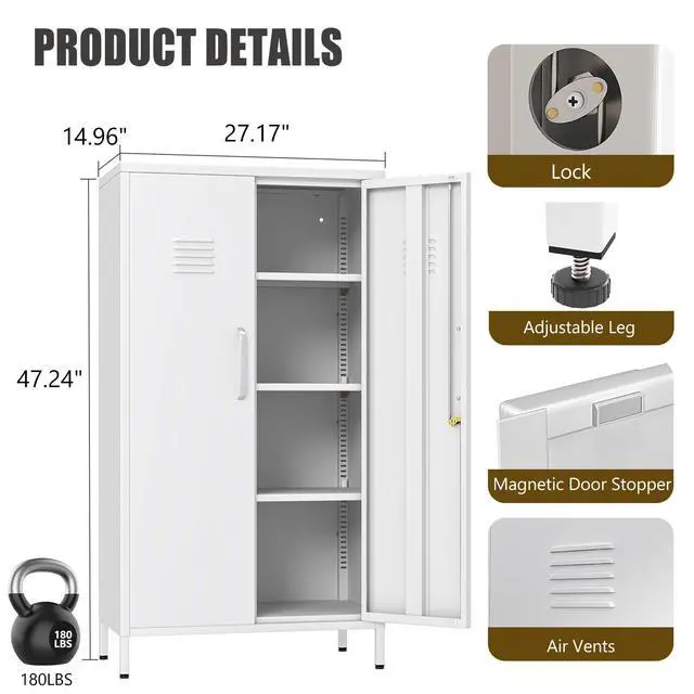 Alt view image 3 of 7 - 47.24" H Metal Locker Storage Cabinet, Office Locker with 3 Adjustable Shelves, Steel Cabinet with 2 Doors, High Leg Organizer for Home Office, Kitchen, Living Room, Bedroom and Bathroom