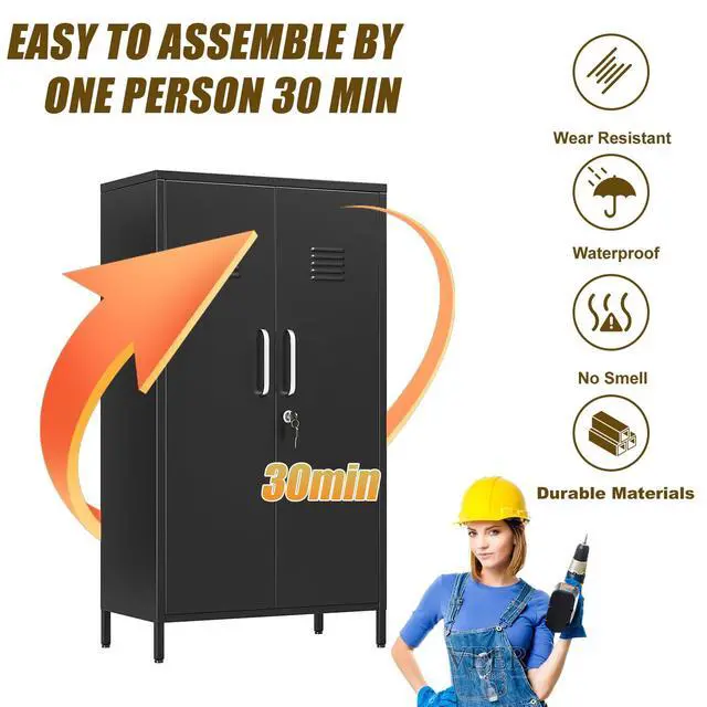 Alt view image 5 of 7 - 47.24" H Metal Locker Storage Cabinet, Office Locker with 3 Adjustable Shelves, Steel Cabinet with 2 Doors, High Leg Organizer for Home Office, Kitchen, Living Room, Bedroom and Bathroom