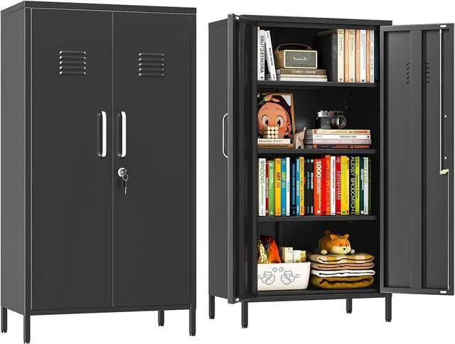 Main image of 47.24" H Metal Locker Storage Cabinet, Office Locker with 3 Adjustable Shelves, Steel Cabinet with 2 Doors, High Leg Organizer for Home Office, Kitchen, Living Room, Bedroom and Bathroom