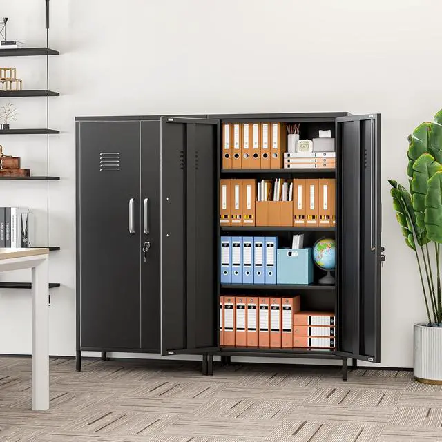 Alt view image 2 of 7 - 47.24" H Metal Locker Storage Cabinet, Office Locker with 3 Adjustable Shelves, Steel Cabinet with 2 Doors, High Leg Organizer for Home Office, Kitchen, Living Room, Bedroom and Bathroom