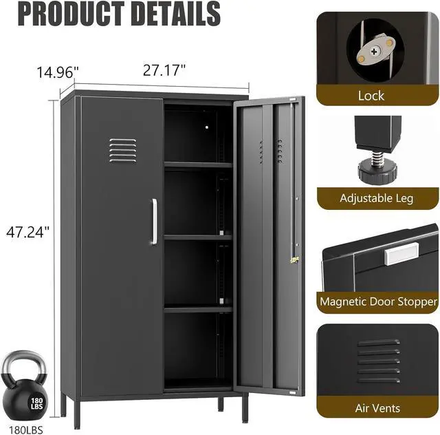Alt view image 3 of 7 - 47.24" H Metal Locker Storage Cabinet, Office Locker with 3 Adjustable Shelves, Steel Cabinet with 2 Doors, High Leg Organizer for Home Office, Kitchen, Living Room, Bedroom and Bathroom