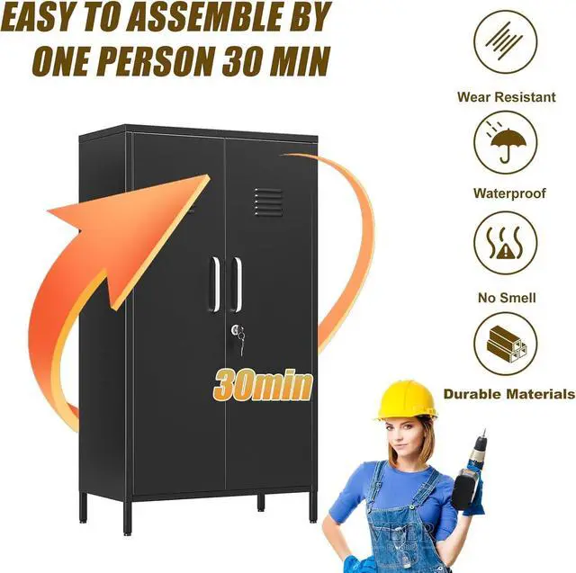 Alt view image 4 of 7 - 47.24" H Metal Locker Storage Cabinet, Office Locker with 3 Adjustable Shelves, Steel Cabinet with 2 Doors, High Leg Organizer for Home Office, Kitchen, Living Room, Bedroom and Bathroom