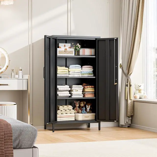 Alt view image 7 of 7 - 47.24" H Metal Locker Storage Cabinet, Office Locker with 3 Adjustable Shelves, Steel Cabinet with 2 Doors, High Leg Organizer for Home Office, Kitchen, Living Room, Bedroom and Bathroom