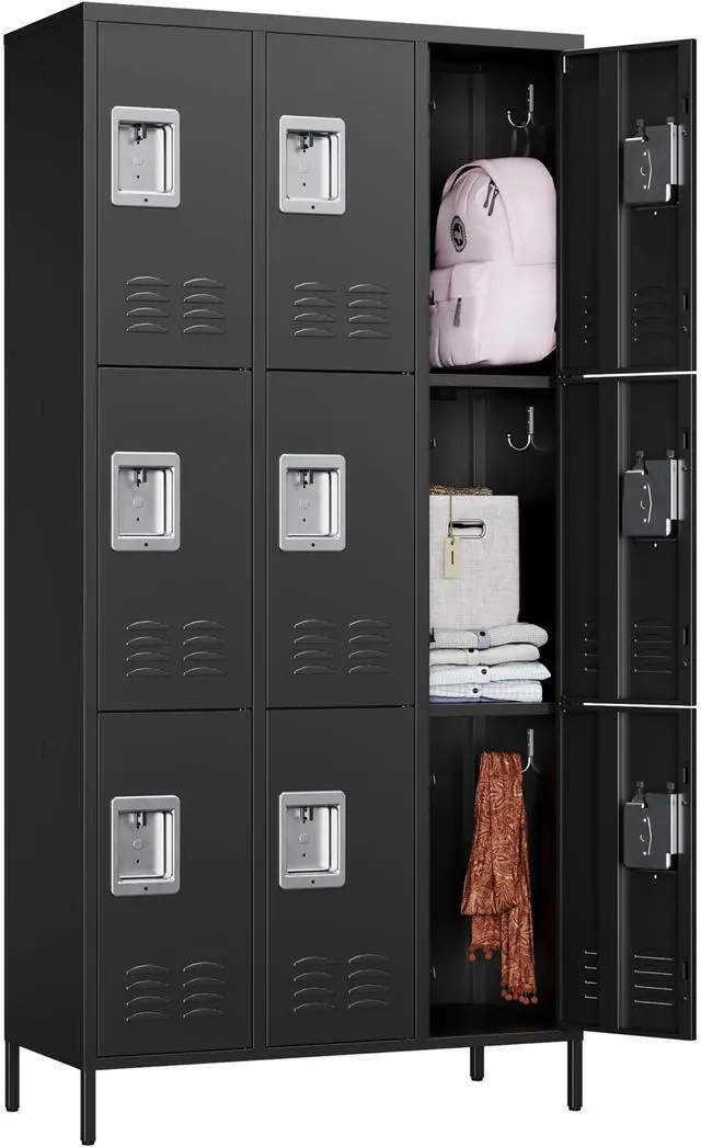 Main image of Metal Lockers for Employees,Lockable Storage Locker with Shelf,Large Lockers for Storage with Leg,Gym Locker,Steel Employee lockers for Home Office School Gym Garage (Black,9 Door)