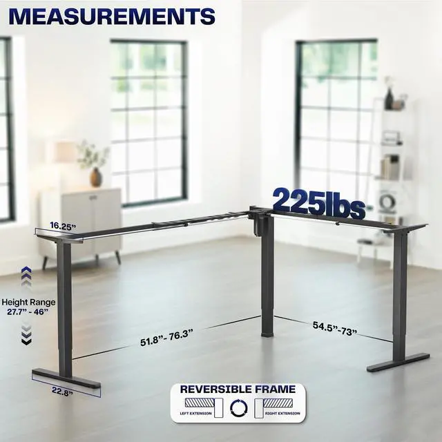 Alt view image 3 of 7 - Black Electric Corner 3 Leg Standing Desk Frame, DESK-E384B | Extra Large Size, Single Motor, Height Adjustable, L-Shaped, Holds 225 lbs, Sit Stand Base, Standing Desk Legs Only