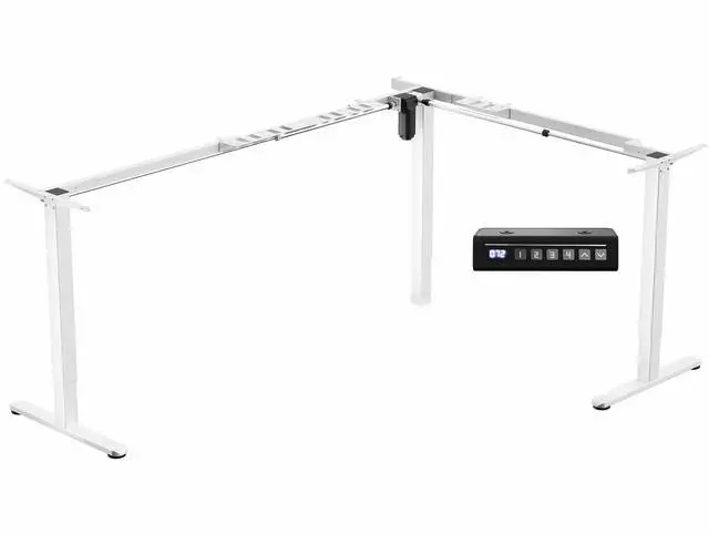 Main image of White Electric Corner 3 Leg Standing Desk Frame, DESK-E384W | Extra Large Size, Single Motor, Height Adjustable, L-Shaped, Holds 225 lbs, Sit Stand Base, Standing Desk Legs Only