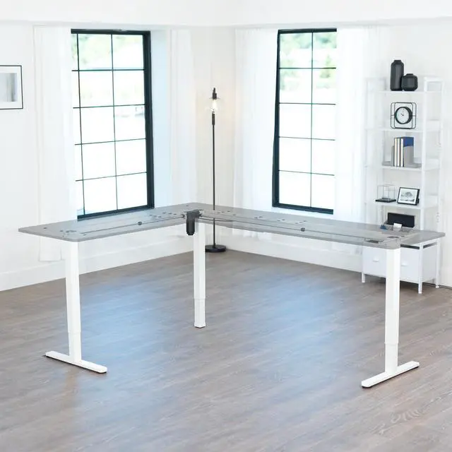 Alt view image 2 of 7 - White Electric Corner 3 Leg Standing Desk Frame, DESK-E384W | Extra Large Size, Single Motor, Height Adjustable, L-Shaped, Holds 225 lbs, Sit Stand Base, Standing Desk Legs Only