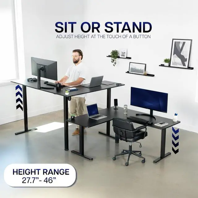 Alt view image 4 of 7 - White Electric Corner 3 Leg Standing Desk Frame, DESK-E355W | Medium Size, Single Motor, Height Adjustable, L-Shaped, Holds 225 lbs, Sit Stand Base, Standing Desk Legs Only