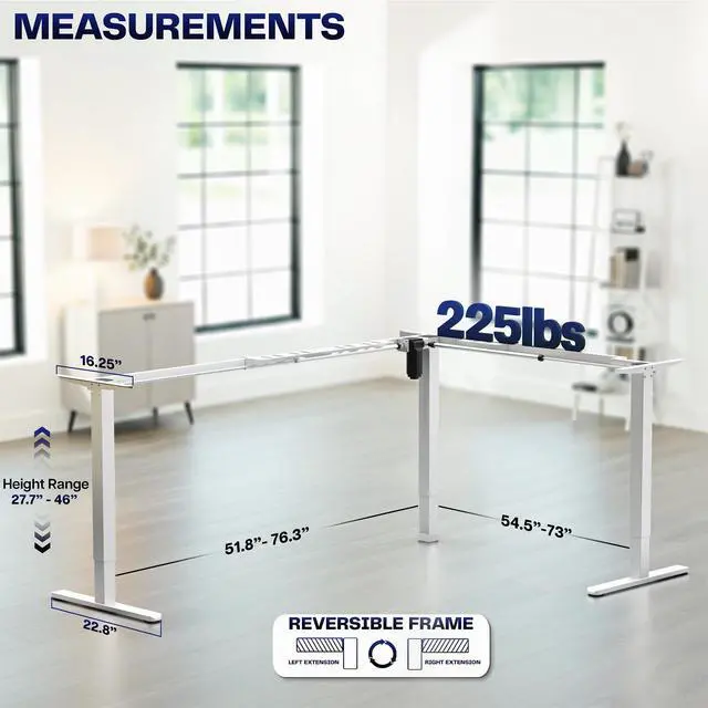 Alt view image 3 of 7 - White Electric Corner 3 Leg Standing Desk Frame, DESK-E384W | Extra Large Size, Single Motor, Height Adjustable, L-Shaped, Holds 225 lbs, Sit Stand Base, Standing Desk Legs Only
