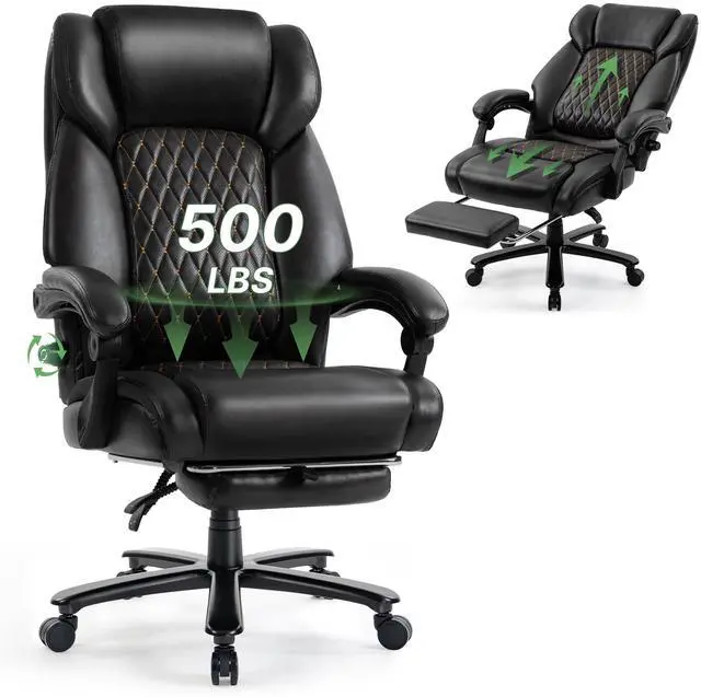 Main image of 500LBS Reclining Executive Office Chair with Retractable Footrest, Black | Adjustable Lumbar Support, for Big and Tall People, Leather, Manager Desk Chair, for Home Office, Work, and Relaxation