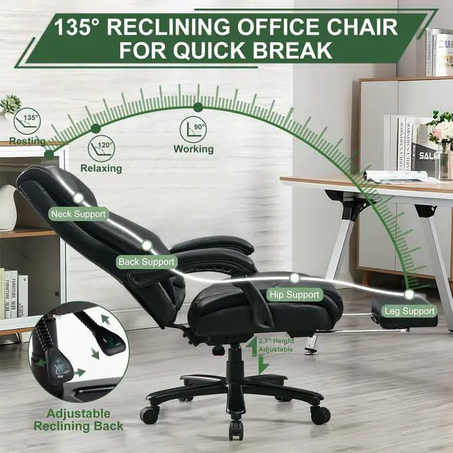 Alt view image 5 of 7 - 500LBS Reclining Executive Office Chair with Retractable Footrest, Black | Adjustable Lumbar Support, for Big and Tall People, Leather, Manager Desk Chair, for Home Office, Work, and Relaxation