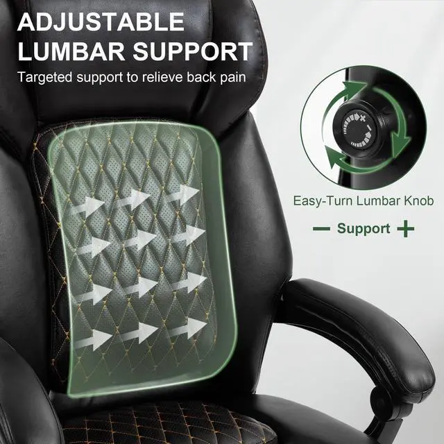 Alt view image 6 of 7 - 500LBS Reclining Executive Office Chair with Retractable Footrest, Black | Adjustable Lumbar Support, for Big and Tall People, Leather, Manager Desk Chair, for Home Office, Work, and Relaxation