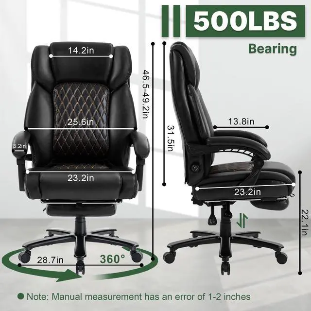 Alt view image 3 of 7 - 500LBS Reclining Executive Office Chair with Retractable Footrest, Black | Adjustable Lumbar Support, for Big and Tall People, Leather, Manager Desk Chair, for Home Office, Work, and Relaxation