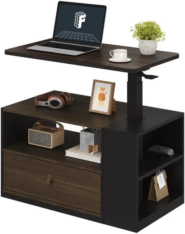 Main image of H7 CAB 28" Storage Sit-Stand Desk with Pneumatic Lift | Computer workstation desk with drawer and cabinet storage. Compact desk for small spaces and home office.25.8"41.3",Walnut