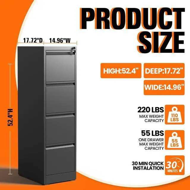 Alt view image 2 of 7 - 4 Drawer File Cabinet with Lock,Vertical Filing Storage Cabinet | File Cabinet for Home Office,Small Metal Storage Cabinets for Letter/Legal/A4/F4 Documents,Assembly Required