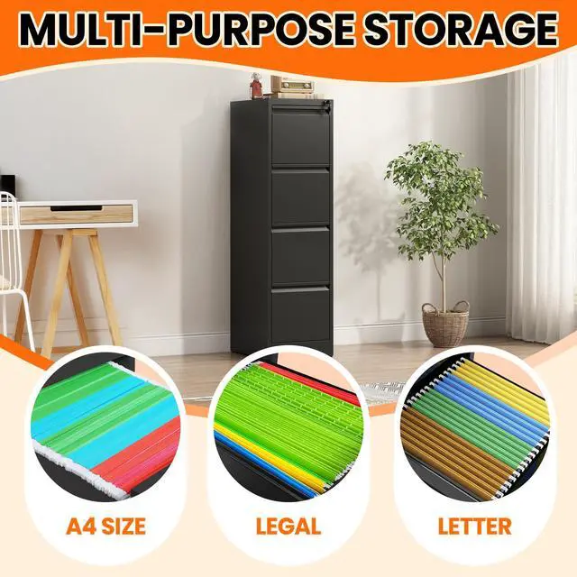 Alt view image 5 of 7 - 4 Drawer File Cabinet with Lock,Vertical Filing Storage Cabinet | File Cabinet for Home Office,Small Metal Storage Cabinets for Letter/Legal/A4/F4 Documents,Assembly Required
