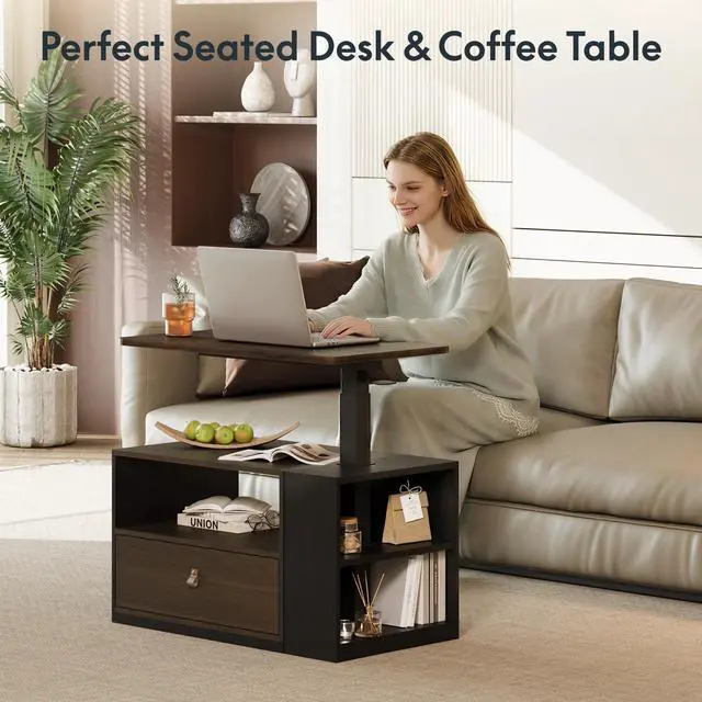 Alt view image 4 of 7 - H7 CAB 28" Storage Sit-Stand Desk with Pneumatic Lift | Computer workstation desk with drawer and cabinet storage. Compact desk for small spaces and home office.25.8"41.3",Walnut
