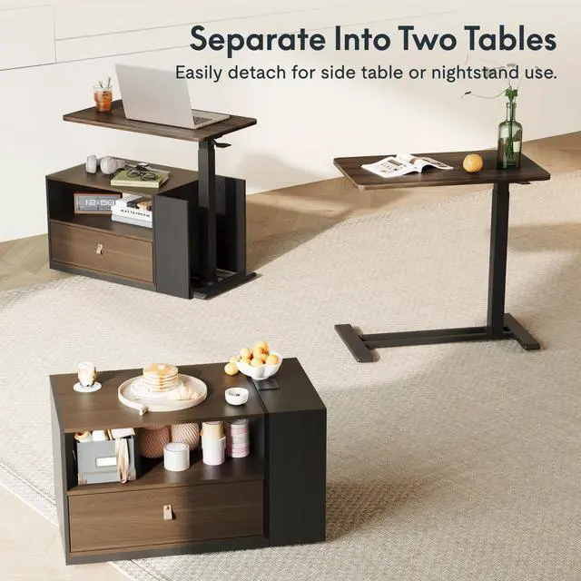 Alt view image 6 of 7 - H7 CAB 28" Storage Sit-Stand Desk with Pneumatic Lift | Computer workstation desk with drawer and cabinet storage. Compact desk for small spaces and home office.25.8"41.3",Walnut