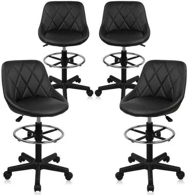 Main image of Drafting Chair with Backrest and Wheels, Set of 4 Adjustable Footrest Height Rolling Stool, PU Leather Tall Swivel Chairs Work Shop Office Desk Stools for Home Work Shop Kitchen Bar