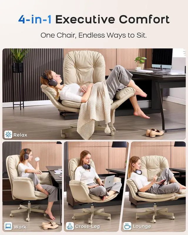 Alt view image 2 of 6 - Executive Office Chair, Big & Tall 400 lbs Capacity, Wide Seat, PU Leather, 5-Gear Lay-Flat Armrests (90°180°) for Cross-Legged Comfort, 90115° Recline, High Back Desk Chair, Beige