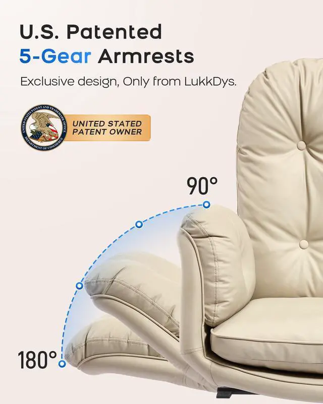 Alt view image 3 of 6 - Executive Office Chair, Big & Tall 400 lbs Capacity, Wide Seat, PU Leather, 5-Gear Lay-Flat Armrests (90°180°) for Cross-Legged Comfort, 90115° Recline, High Back Desk Chair, Beige