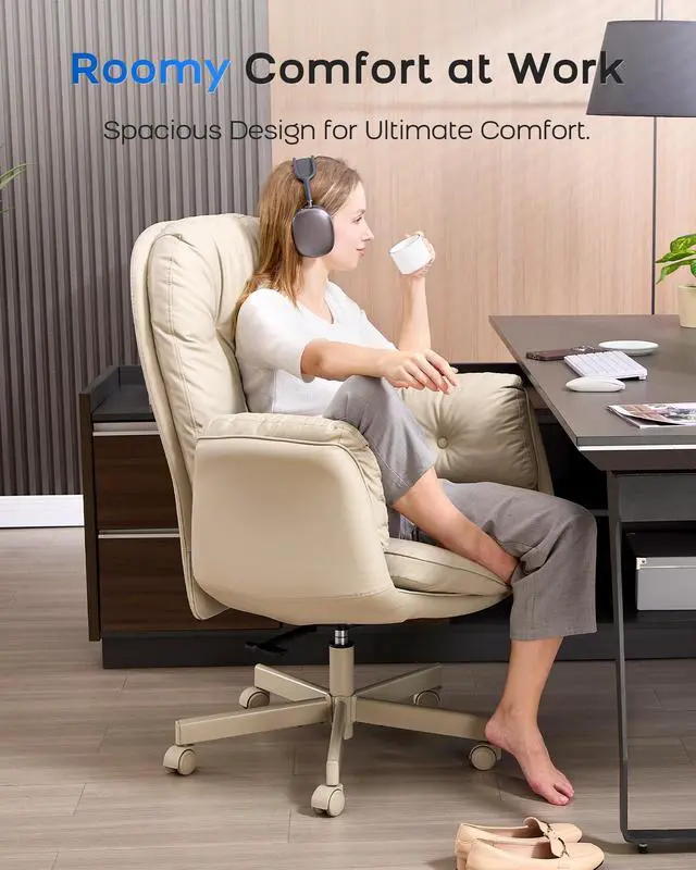 Alt view image 4 of 6 - Executive Office Chair, Big & Tall 400 lbs Capacity, Wide Seat, PU Leather, 5-Gear Lay-Flat Armrests (90°180°) for Cross-Legged Comfort, 90115° Recline, High Back Desk Chair, Beige