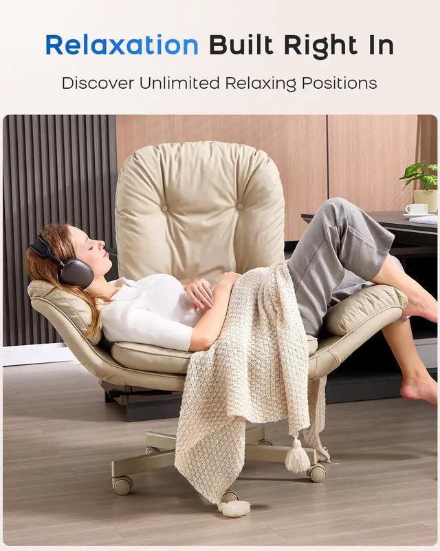 Alt view image 6 of 6 - Executive Office Chair, Big & Tall 400 lbs Capacity, Wide Seat, PU Leather, 5-Gear Lay-Flat Armrests (90°180°) for Cross-Legged Comfort, 90115° Recline, High Back Desk Chair, Beige