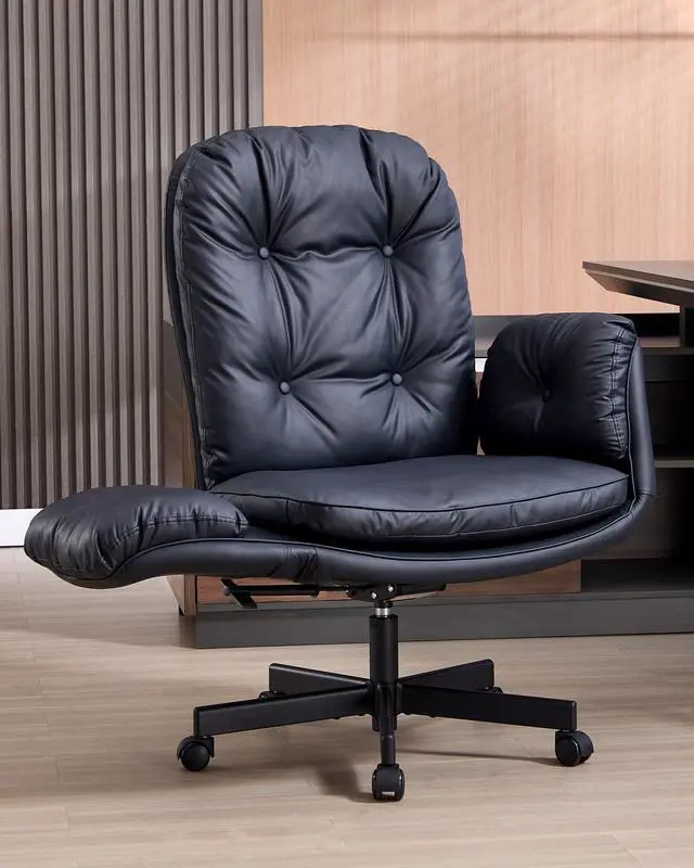 Main image of Executive Office Chair, Big & Tall 400 lbs Capacity, Wide Seat, PU Leather, 5-Gear Lay-Flat Armrests (90°180°) for Cross-Legged Comfort, 90115° Recline, High Back Desk Chair, Black