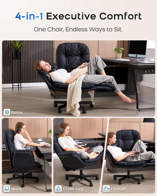 Alt view image 2 of 7 - Executive Office Chair, Big & Tall 400 lbs Capacity, Wide Seat, PU Leather, 5-Gear Lay-Flat Armrests (90°180°) for Cross-Legged Comfort, 90115° Recline, High Back Desk Chair, Black