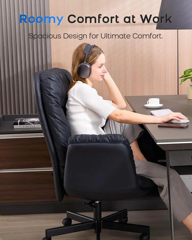 Alt view image 4 of 7 - Executive Office Chair, Big & Tall 400 lbs Capacity, Wide Seat, PU Leather, 5-Gear Lay-Flat Armrests (90°180°) for Cross-Legged Comfort, 90115° Recline, High Back Desk Chair, Black
