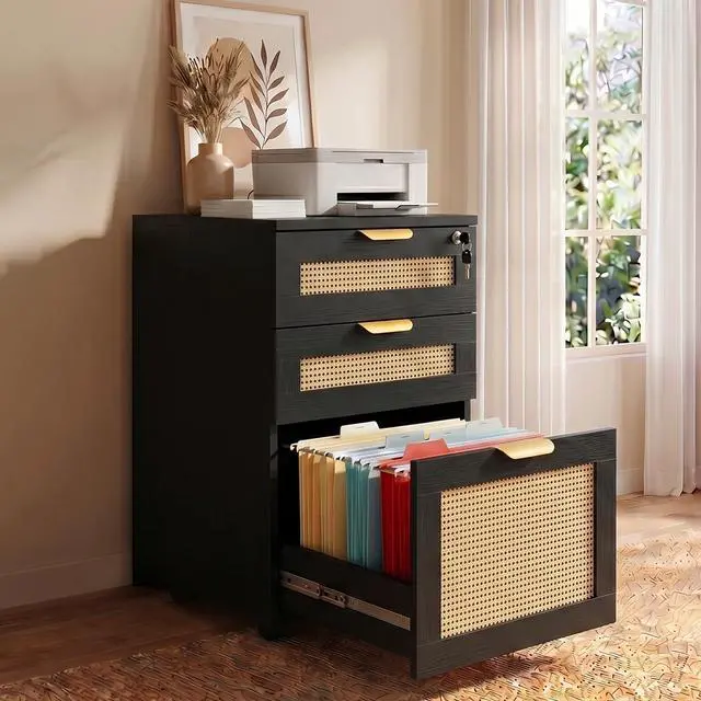 Main image of 3 Drawer File Cabinet with Lock, Small Rattan | Filing Cabinets with Wheels, Wood Rolling Office Storage for Under Desk Home Office,Black