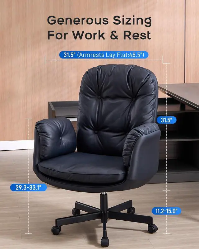 Alt view image 7 of 7 - Executive Office Chair, Big & Tall 400 lbs Capacity, Wide Seat, PU Leather, 5-Gear Lay-Flat Armrests (90°180°) for Cross-Legged Comfort, 90115° Recline, High Back Desk Chair, Black