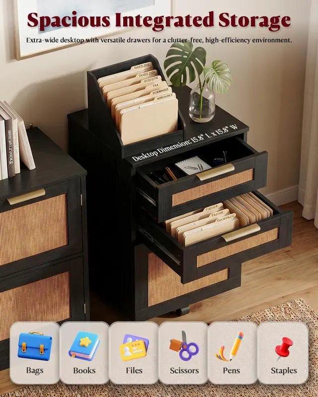 Alt view image 2 of 7 - 3 Drawer File Cabinet with Lock, Small Rattan | Filing Cabinets with Wheels, Wood Rolling Office Storage for Under Desk Home Office,Black