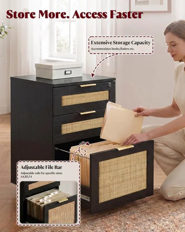Alt view image 3 of 7 - 3 Drawer File Cabinet with Lock, Small Rattan | Filing Cabinets with Wheels, Wood Rolling Office Storage for Under Desk Home Office,Black