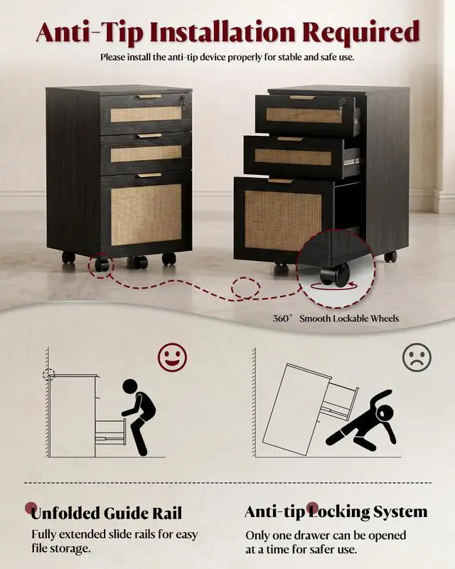 Alt view image 4 of 7 - 3 Drawer File Cabinet with Lock, Small Rattan | Filing Cabinets with Wheels, Wood Rolling Office Storage for Under Desk Home Office,Black