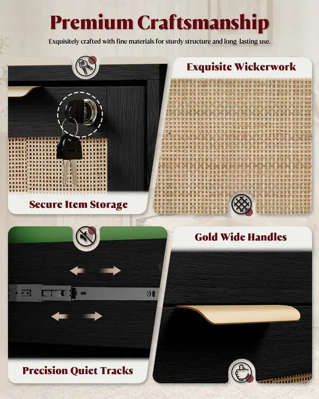 Alt view image 5 of 7 - 3 Drawer File Cabinet with Lock, Small Rattan | Filing Cabinets with Wheels, Wood Rolling Office Storage for Under Desk Home Office,Black