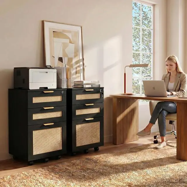 Alt view image 7 of 7 - 3 Drawer File Cabinet with Lock, Small Rattan | Filing Cabinets with Wheels, Wood Rolling Office Storage for Under Desk Home Office,Black