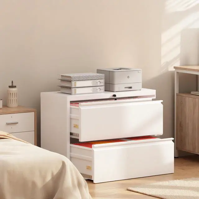 Alt view image 2 of 7 - Lateral File Cabinet 2 Drawer Metal File Cabinet with Lock, White Filing Cabinets for Home Office, Locking Filing Cabinets Hanging Files Letter/Legal/F4/A4